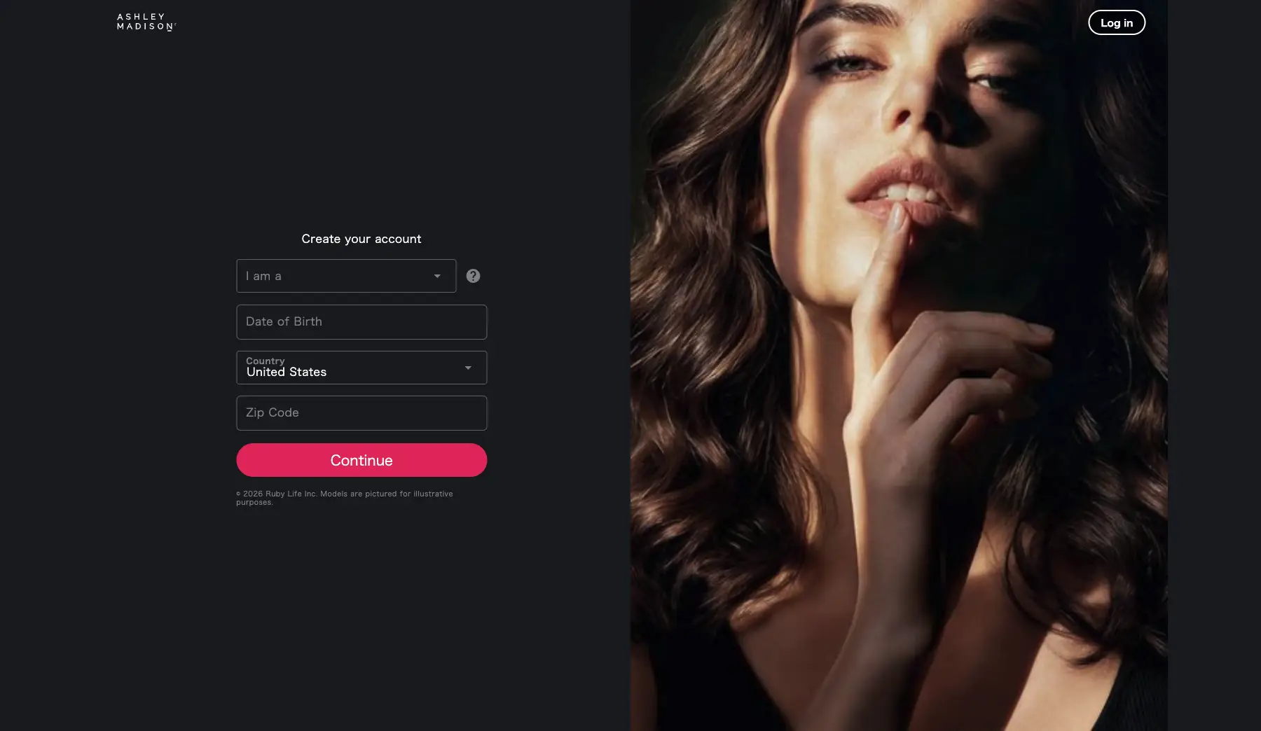 Formulario de registro de Ashley Madison: I am a, fecha de nacimiento, país y código postal