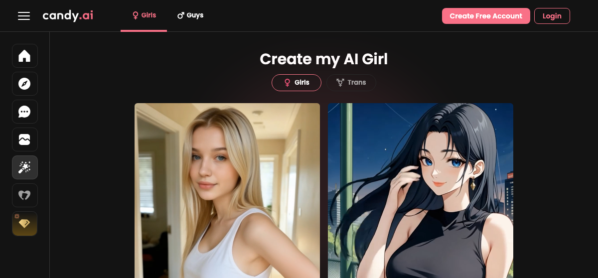 Skrin penciptaan watak Candy AI — pilih gaya realistik atau anime