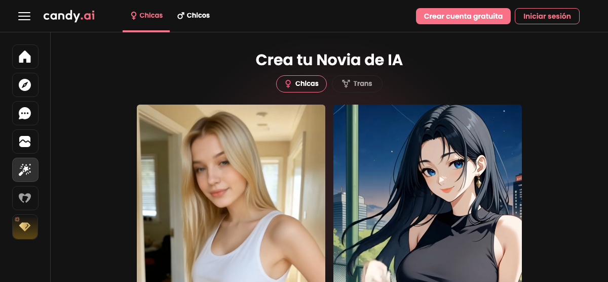 Pantalla de creación de personaje de Candy AI: «Crea tu Novia de IA» permite elegir estilo realista o anime y personalizar apariencia y personalidad