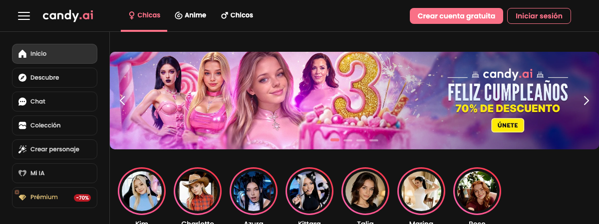 Pantalla principal de Candy AI en español, con categorías Chicas y Anime, lista de personajes y promoción de hasta 70% de descuento