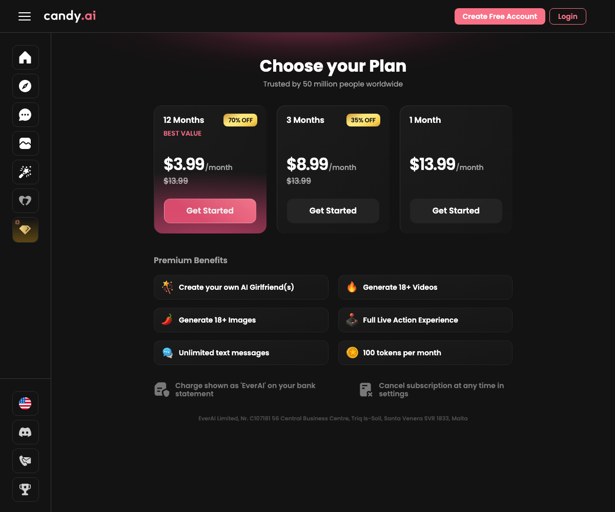 Pelan harga Candy AI: 12 bulan $3.99, 3 bulan $8.99, 1 bulan $13.99