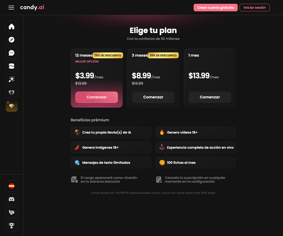 Pantalla de selección de planes de Candy AI: 12 meses $3.99/mes (70% de descuento), 3 meses $8.99/mes, 1 mes $13.99/mes