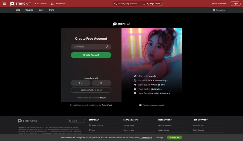 Stripchat sign-up form showing the username field highlighted in red, the Create Account button circled in red, and the 'continue without email' link underlined in red