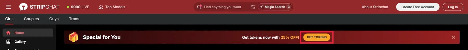 ▲ The exclusive offer banner at the top of the Stripchat homepage. Click the highlighted 'Get Tokens' button to open the purchase window.