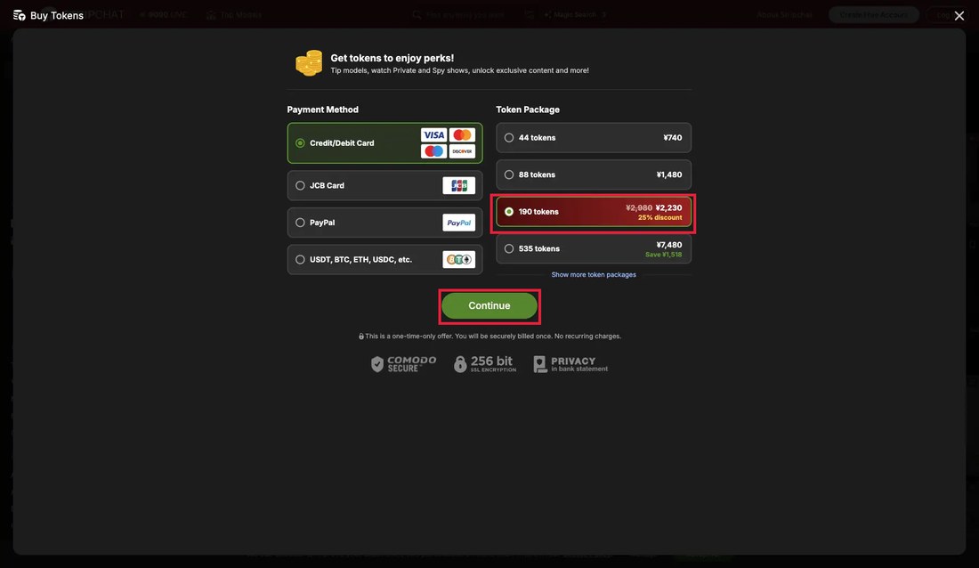 ▲ Select the package with the 25% discount applied (①) then click the green 'Continue' button (②) to complete your purchase.