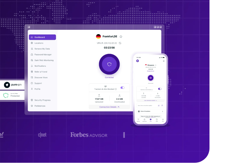 PureVPN app na nakakonekta sa server