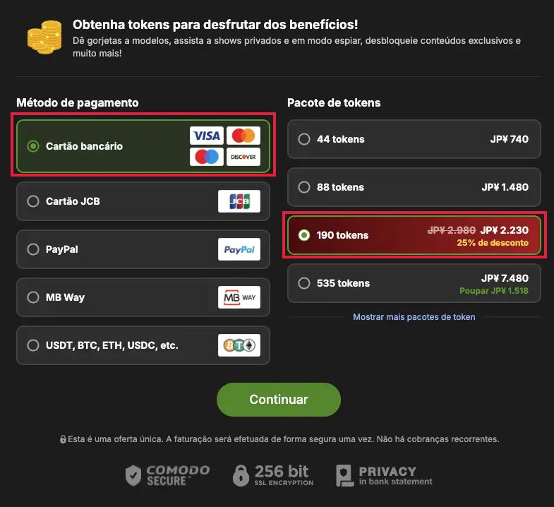 Tela de compra de tokens no Stripchat com métodos de pagamento e pacote com 25% de desconto em destaque