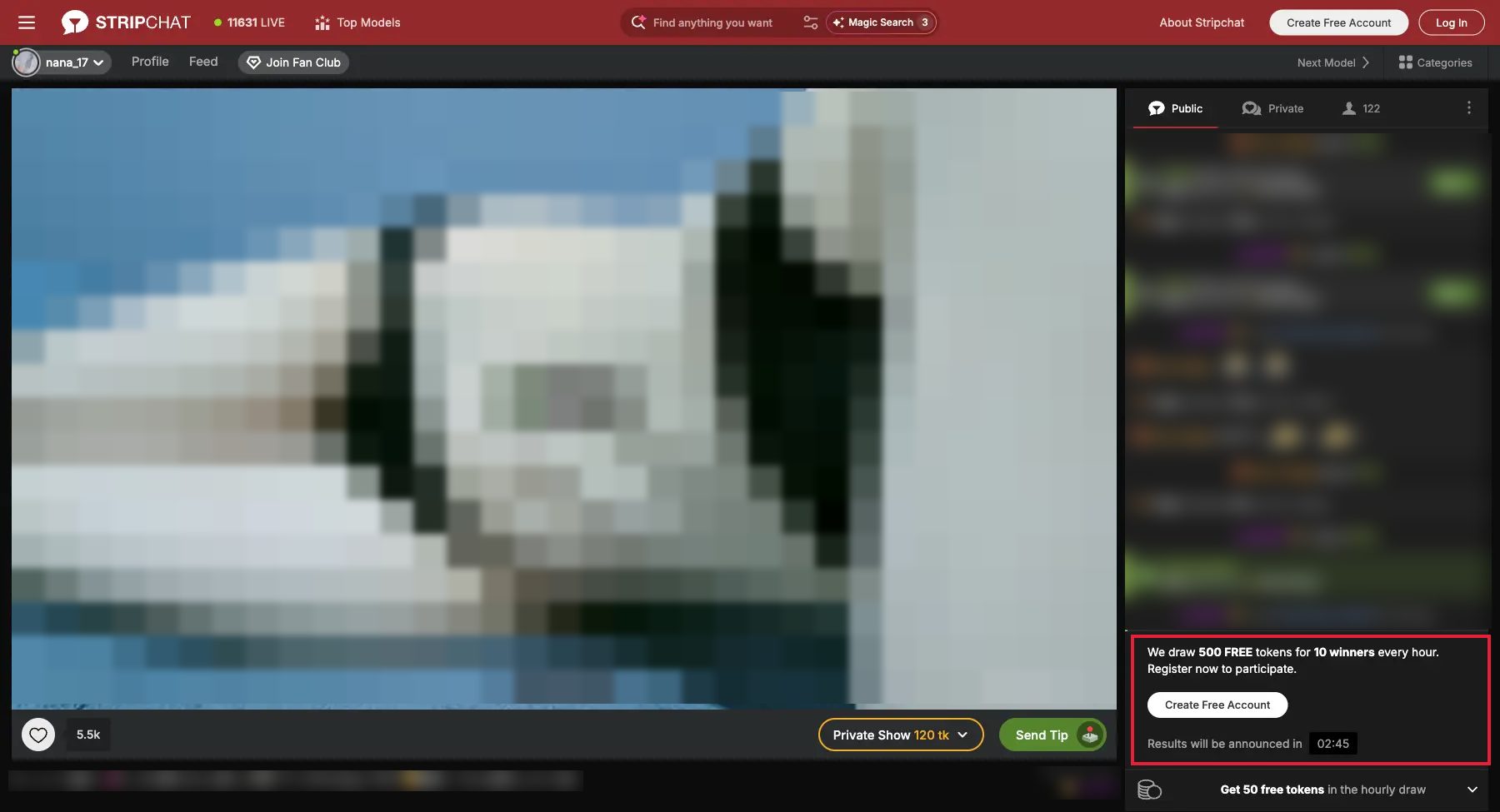 Stripchat hourly draw panel offering 500 free tokens for 10 winners every hour