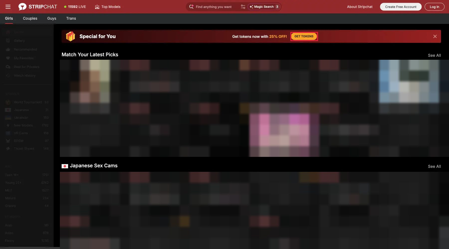 Stripchat homepage verified on June 12, 2026 showing 11,592 models live and the first-purchase 25% OFF token banner