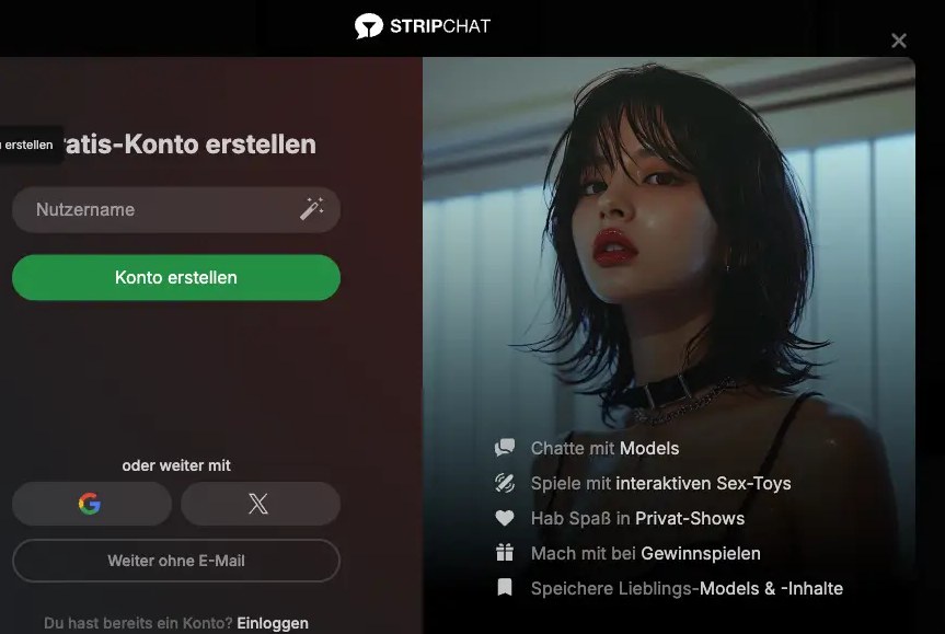 Stripchat-Anmeldeformular auf Deutsch mit rot markiertem Benutzernamenfeld, dem Konto-erstellen-Button und dem Link 'Ohne E-Mail fortfahren'