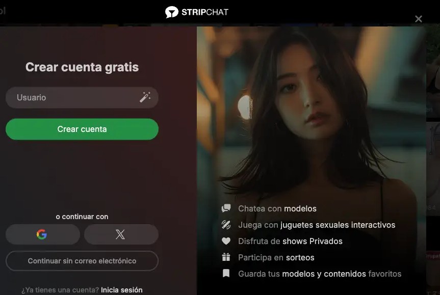 Formulario de registro de Stripchat en español con recuadros rojos marcando el campo de nombre de usuario, el botón Crear cuenta y el enlace continuar sin correo electrónico