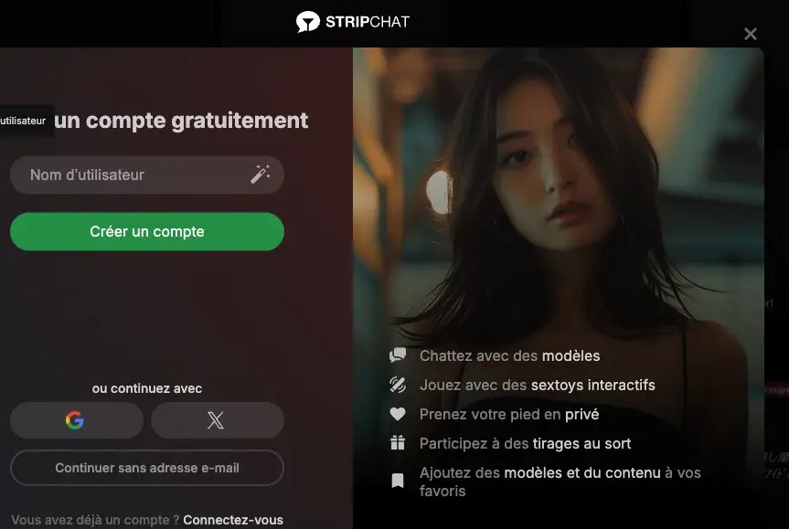 Formulaire d'inscription Stripchat en français avec le champ nom d'utilisateur, le bouton Créer un compte et le lien Continuer sans e-mail encadrés en rouge