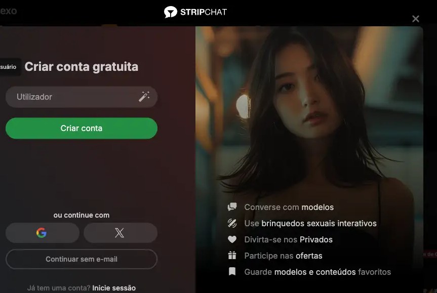 Formulário de cadastro do Stripchat com campo de nome de usuário, botão criar conta e opção continuar sem e-mail destacados em vermelho