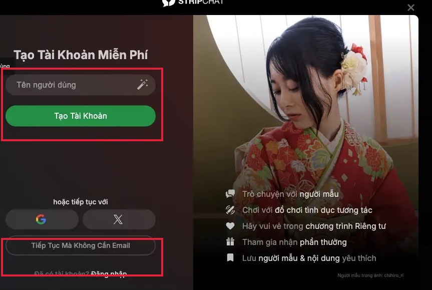Màn hình đăng ký Stripchat